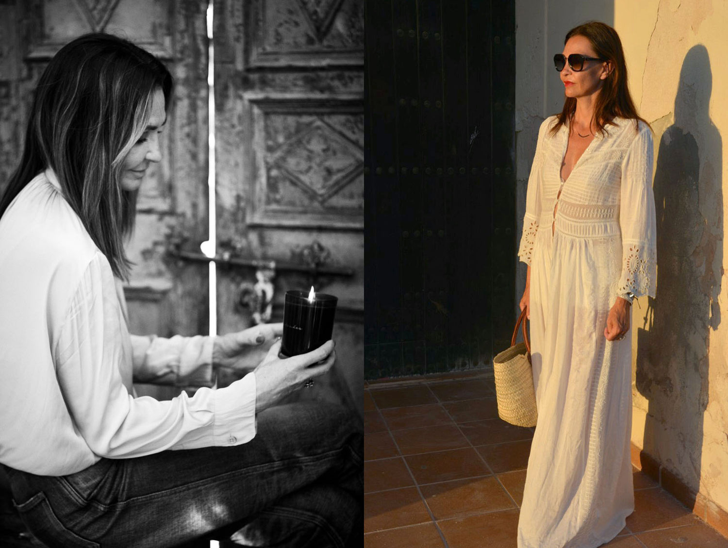 Left, black and white picture of Nathalie holding a lighted les vagabondes candle . Right photo of Nathalie Pouille Zapata in Formentera with a hobo chic outfit and a rustic basket 